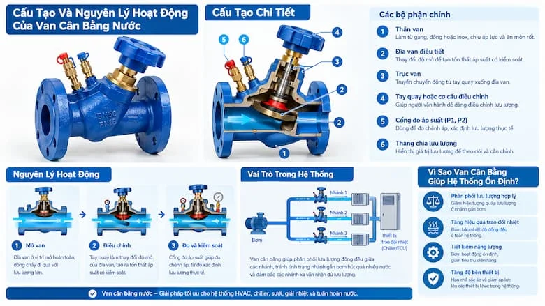 Minh họa các bộ phận chính của van, cơ chế điều chỉnh độ mở, đo chênh áp và cách van phân phối lưu lượng ổn định giữa các nhánh
