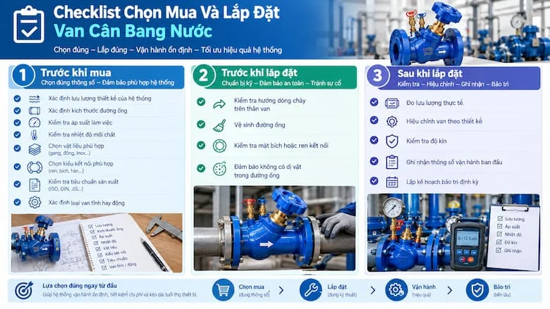 Tổng hợp các bước cần kiểm tra trước khi mua, trước khi lắp đặt và sau khi hoàn thiện để van hoạt động đúng thông số thiết kế.
