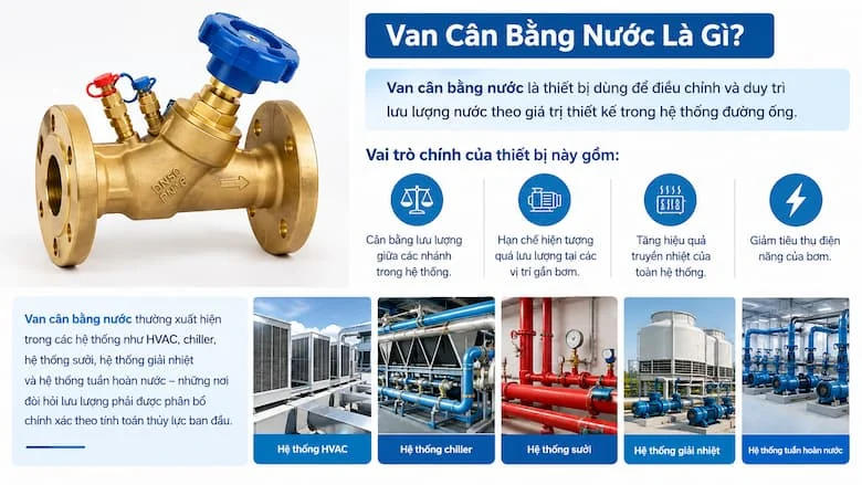 Hình ảnh tổng quan về van cân bằng nước, chức năng cân bằng lưu lượng và các hệ thống thường sử dụng như HVAC, chiller, sưởi và giải nhiệt.
