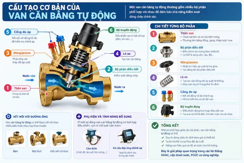 Hình ảnh mô phỏng cấu tạo bên trong của van cân bằng tự động, tập trung vào các bộ phận như thân van, bộ phận điều tiết, màng hoặc piston, lò xo, cổng đo áp và bộ truyền động. Ngoài ra, ảnh còn minh họa các kiểu kết nối đường ống như ren