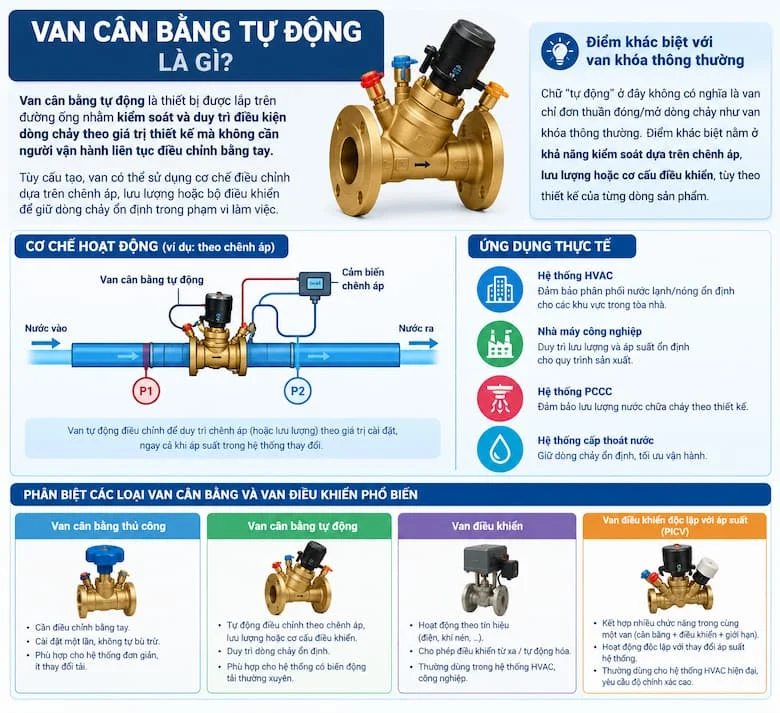Ảnh minh họa tổng quan về van cân bằng tự động, giúp người đọc hiểu thiết bị này được lắp đặt trên đường ống để duy trì dòng chảy theo điều kiện thiết kế. Hình ảnh đồng thời làm rõ sự khác biệt giữa van cân bằng tự động với van cân bằng thủ công