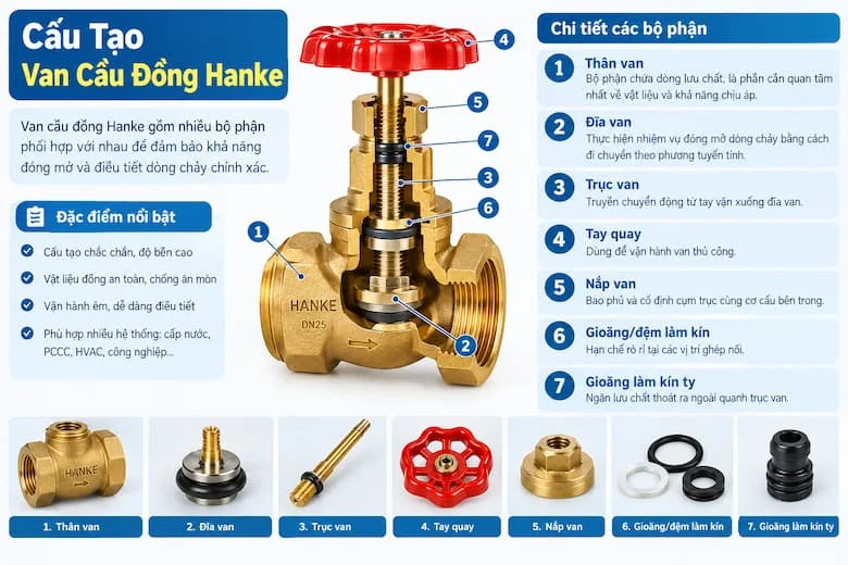 Hình sơ đồ cấu tạo, chú thích các bộ phận của van cầu đồng Hanke