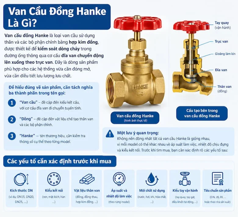 Hình minh họa khái niệm và cấu tạo cơ bản của van cầu đồng Hanke