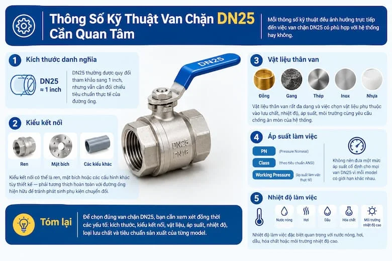 Thông số kỹ thuật van chặn DN25: Kích thước, kiểu kết nối, vật liệu, áp suất và nhiệt độ làm việc