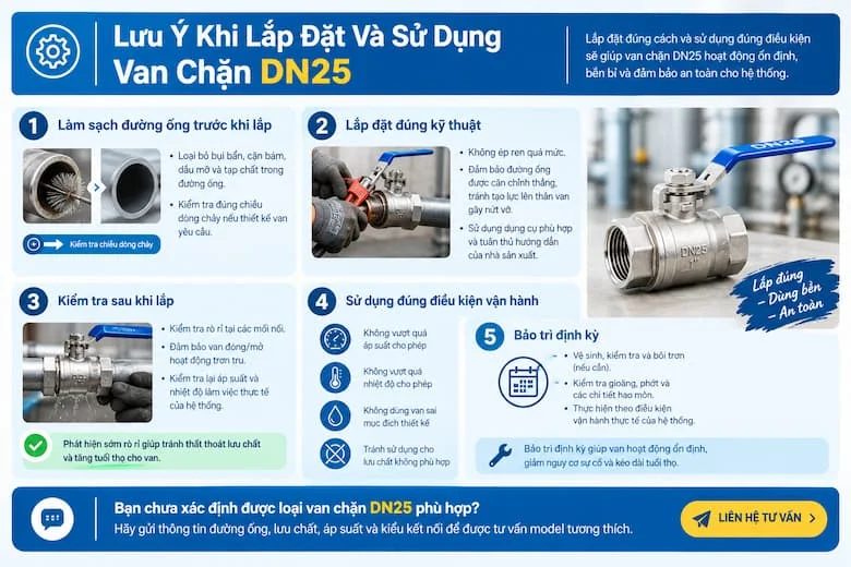 Lưu ý khi lắp đặt và sử dụng van chặn DN25 để đảm bảo độ kín, độ bền và hiệu quả vận hành của hệ thống
