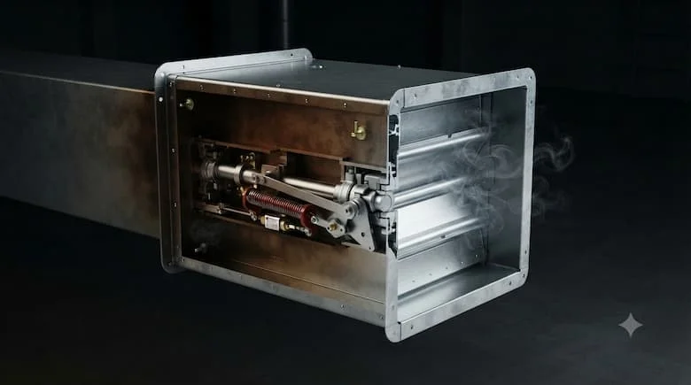 Van chắn lửa ở vị trí đóng bên trong ống dẫn HVAC trong quá trình vận hành phòng cháy chữa cháy, các cánh van đóng ngăn chặn sự lan rộng của lửa và khói, hình ảnh kỹ thuật chân thực, phong cách công nghiệp chuyên nghiệp