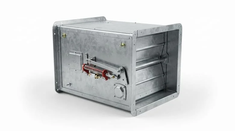 Van chống cháy chuyên nghiệp cho hệ thống thông gió HVAC, thân bằng thép mạ kẽm, hình ảnh sản phẩm công nghiệp chân thực, nền trắng sạch, ánh sáng studio