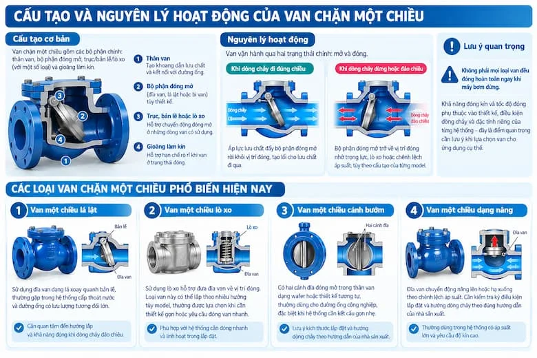 Hình ảnh minh họa cấu tạo cơ bản của van chặn một chiều, nguyên lý đóng mở khi dòng chảy thay đổi và các loại van phổ biến gồm van một chiều lá lật, van một chiều lò xo, van một chiều cánh bướm và van một chiều dạng nâng.