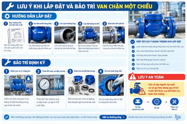 Hình ảnh hướng dẫn các bước lắp đặt van đúng kỹ thuật, kiểm tra chiều dòng chảy, vệ sinh đường ống, bảo trì định kỳ và lưu ý an toàn khi cô lập nguồn áp suất, xả áp trước khi tháo van để kiểm tra hoặc sửa chữa.