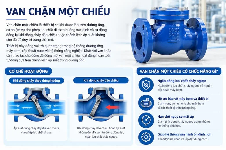 Hình ảnh giới thiệu van chặn một chiều, minh họa cơ chế đóng mở theo hướng dòng chảy và các chức năng chính như ngăn dòng chảy ngược, bảo vệ máy bơm, hạn chế mất áp và hỗ trợ hệ thống vận hành ổn định.