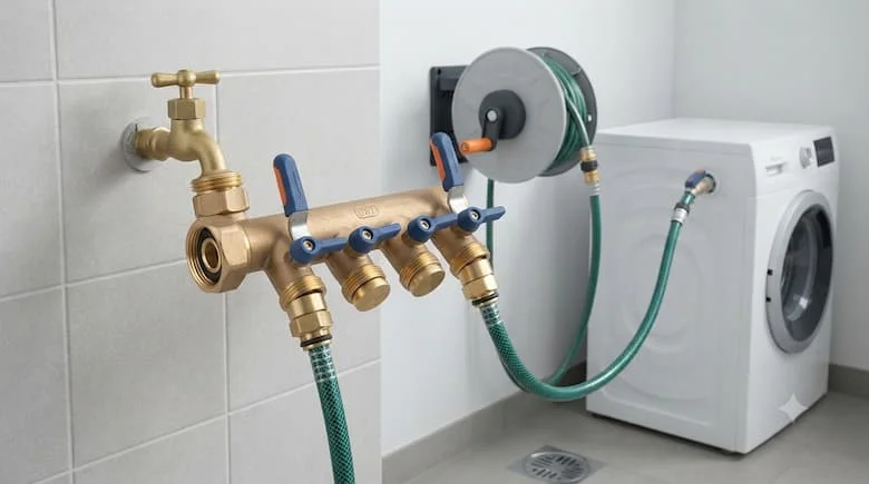 Van chia vòi nước được lắp đặt trong hệ thống cấp nước gia đình, kết nối một nguồn nước với hai thiết bị, hình ảnh chân thực