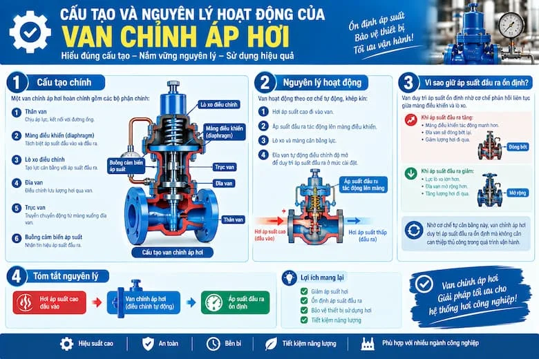 Cấu Tạo Và Nguyên Lý Hoạt Động Của Van Chỉnh Áp Hơi Với Cơ Chế Tự Động Duy Trì Áp Suất Đầu Ra