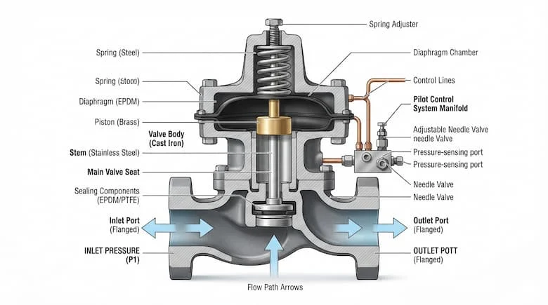 hình minh họa kỹ thuật chi tiết dạng cắt ngang của van điều khiển áp suất thủy lực, thể hiện thân van, màng ngăn, piston, lò xo, hệ thống điều khiển dẫn hướng, trục van, các bộ phận làm kín và đường dẫn dòng nước