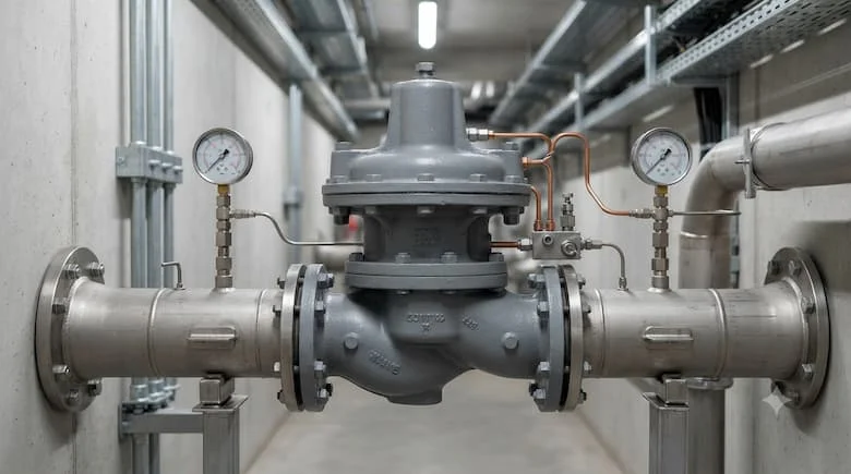 một mô hình van điều khiển áp suất thủy lực công nghiệp thực tế được lắp đặt trên đường ống dẫn nước lớn, các mối nối mặt bích, đồng hồ đo áp suất trước và sau van, hệ thống cấp nước công nghiệp, các đường ống và phụ kiện kim loại thực tế