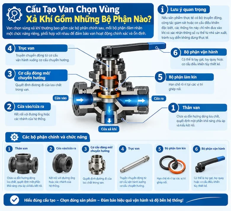 Hình ảnh cấu tạo van chọn vùng xả khí với các bộ phận chính và chức năng tương ứng.