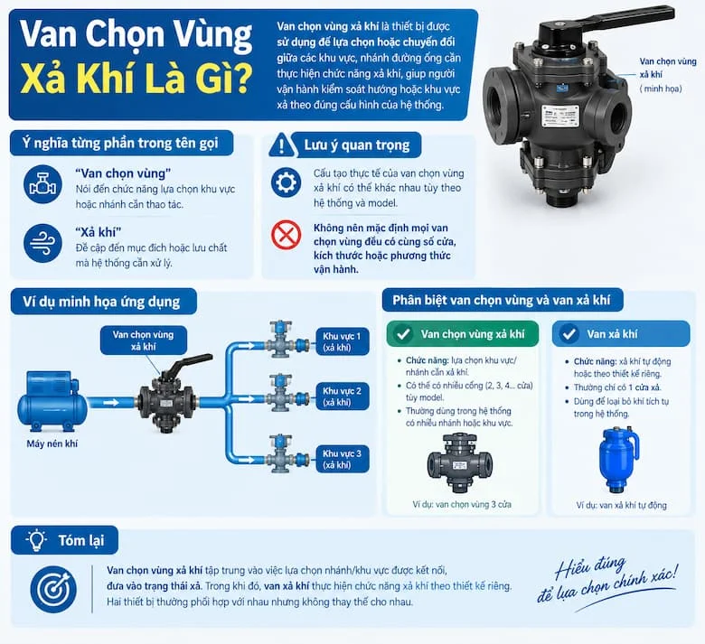 Hình ảnh minh họa van chọn vùng xả khí và nguyên lý lựa chọn khu vực xả khí trong hệ thống.