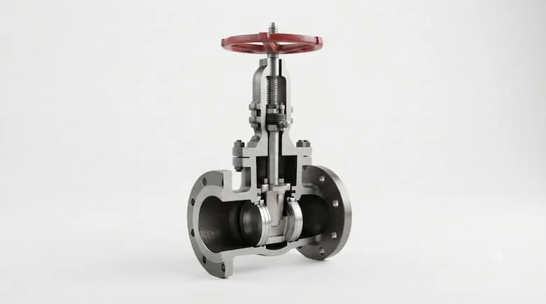 bản vẽ kỹ thuật chi tiết mặt cắt của van cổng DN150, thể hiện thân van, cánh van, trục van, nắp van, đế van, gioăng, tay quay và các mối nối mặt bích, cấu trúc cơ khí thực tế