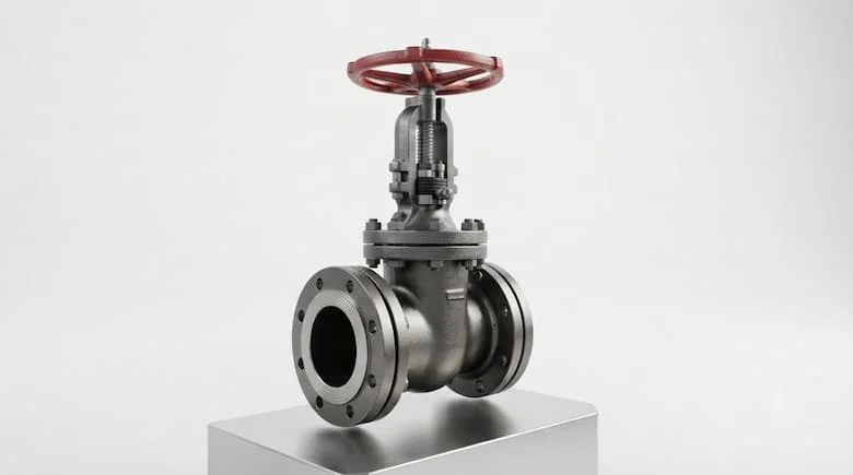 ảnh sản phẩm chuyên nghiệp, chân thực về van cổng DN150 dùng cho đường ống công nghiệp, van cổng công nghiệp cỡ lớn với thân kim loại chắc chắn, vận hành bằng tay quay, đầu nối mặt bích, tỷ lệ kỹ thuật thực tế