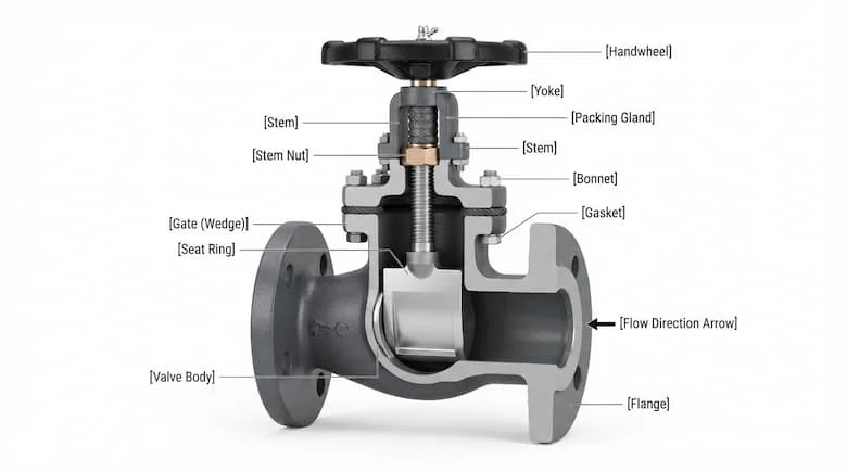 bản vẽ kỹ thuật cắt ngang tỷ lệ 16:9 của một van khóa công nghiệp, thể hiện thân van, trục van, gioăng làm kín và cơ cấu đóng, theo phong cách kỹ thuật thực tế