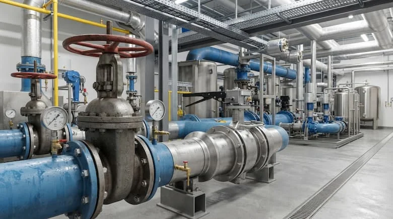 một hệ thống đường ống công nghiệp thực tế tỷ lệ 16:9 với các van khóa được lắp đặt trên đường ống nước, môi trường kỹ thuật chuyên nghiệp, kết cấu kim loại chi tiết
