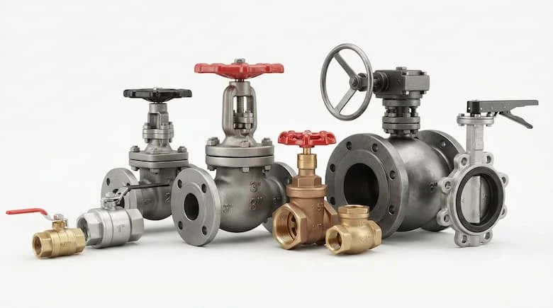 ảnh sản phẩm thực tế tỷ lệ 16:9 về van khóa công nghiệp, nhiều kích cỡ và chất liệu khác nhau, nền trắng sạch, ánh sáng studio chuyên nghiệp, độ chi tiết cực cao