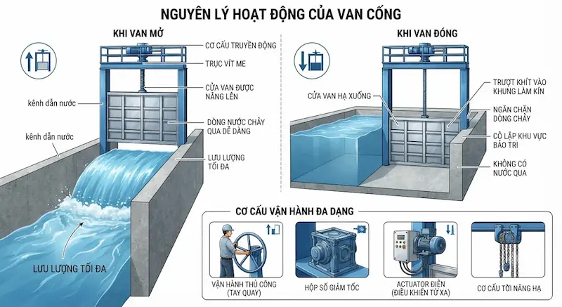 Nguyên lý hoạt động và cấu tạo bên trong của van cống