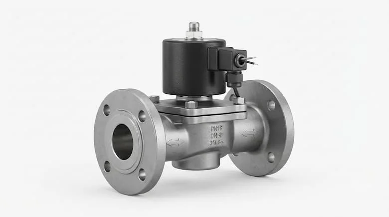 Ảnh sản phẩm thực tế của một van điện từ có mặt bích, thân kim loại công nghiệp, cuộn dây điện từ, kết nối mặt bích