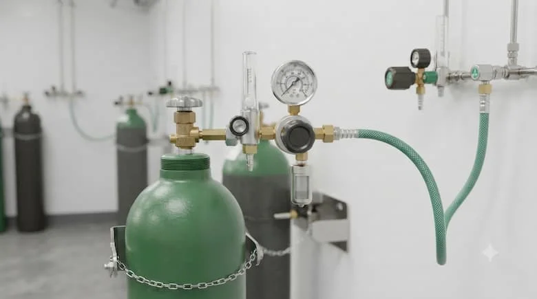Van điều áp bình oxy hoạt động với bình oxy và hệ thống cung cấp khí, môi trường công nghiệp hoặc y tế chuyên nghiệp, thiết bị và kết nối chân thực, bố cục rõ nét