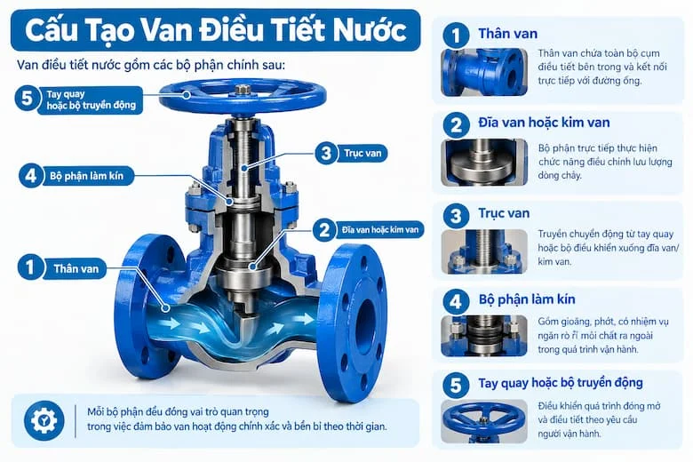 Cấu Tạo Chi Tiết Van Điều Tiết Nước Gồm Thân Van, Đĩa Van, Trục Van Và Bộ Phận Làm Kín