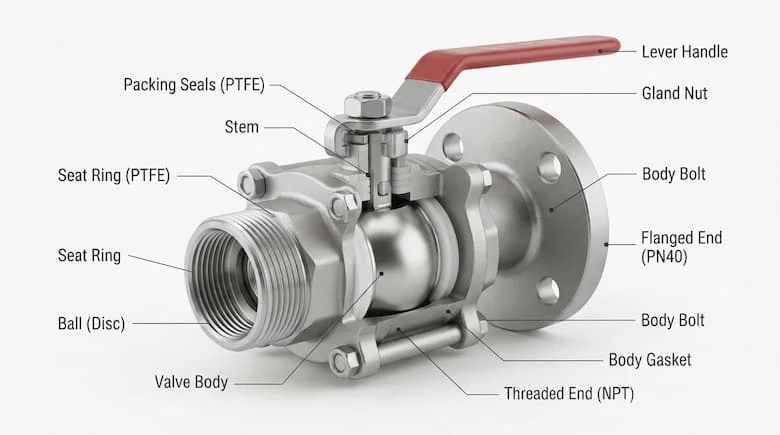 hình minh họa kỹ thuật cắt ngang của van DN40, thể hiện thân van, trục van, đĩa/bi, đế van, gioăng và các đầu nối, cấu trúc kỹ thuật chính xác, nền trắng sạch