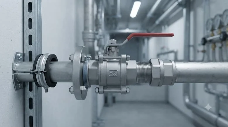 một van DN40 thực tế được lắp đặt trên đường ống dẫn nước công nghiệp, được kết nối đúng cách với các đường ống và phụ kiện, hệ thống đường ống chuyên nghiệp sạch sẽ, vật liệu kim loại chân thực, hình ảnh sống động