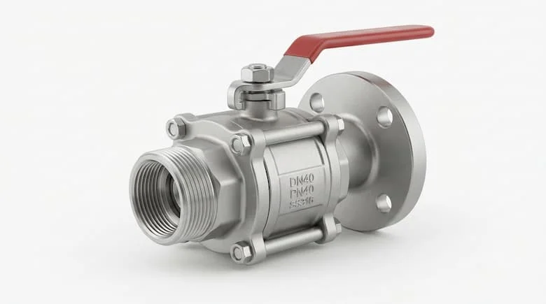 ảnh sản phẩm chuyên nghiệp, chân thực về van công nghiệp DN40, thân bằng đồng thau hoặc thép không gỉ, kết nối ren/mặt bích, nền trắng sạch, ánh sáng studio