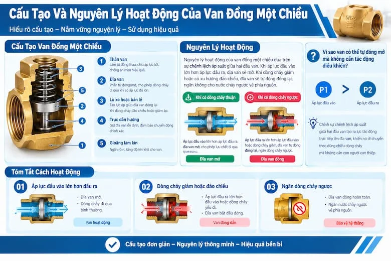 Cấu tạo chi tiết van đồng một chiều bằng đồng thau