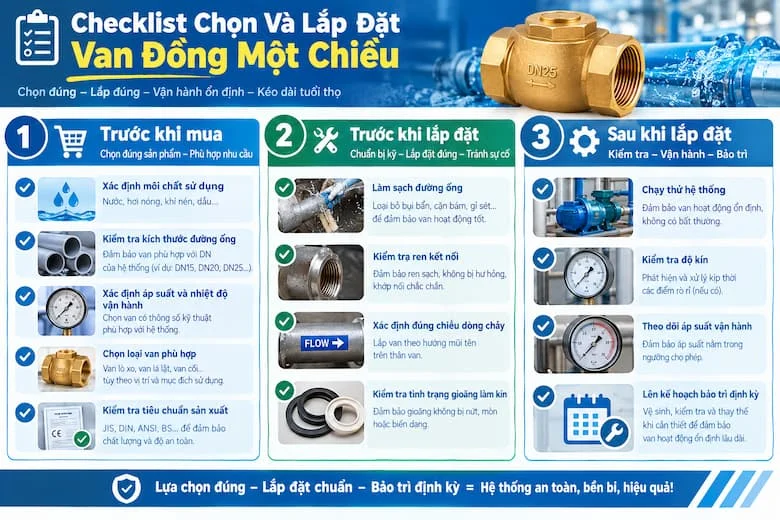 Checklist lựa chọn van đồng một chiều phù hợp với hệ thống