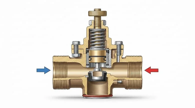 bản vẽ kỹ thuật chi tiết dạng cắt ngang của van giảm áp nước nóng, thể hiện thân van, đầu vào, đầu ra, đế van, màng ngăn hoặc cơ cấu piston, lò xo, vít điều chỉnh, các bộ phận làm kín và đường dẫn dòng chảy bên trong, cấu trúc cơ khí thực tế