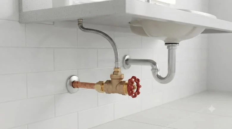 Hình ảnh thực tế lắp đặt van góc bằng đồng thau dưới bồn rửa trong phòng tắm, được kết nối với đường ống nước, sạch sẽ.