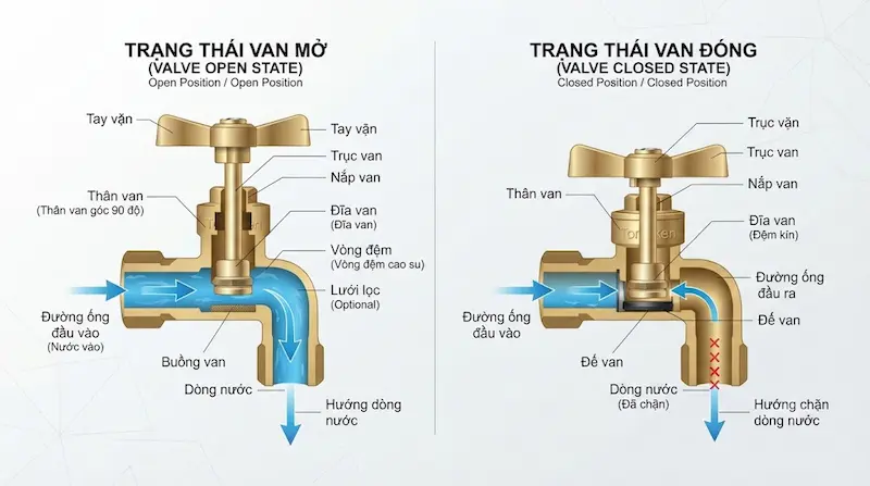 Nguyên lý hoạt động và cấu tạo bên trong của van góc