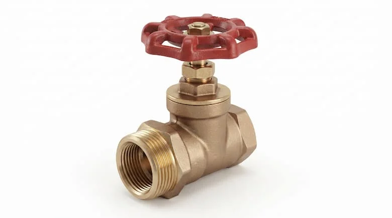 Ảnh sản phẩm thực tế của một van góc bằng đồng thau, thân van 90 độ, kết nối ren, tay quay, nền trắng, theo phong cách catalog công nghiệp