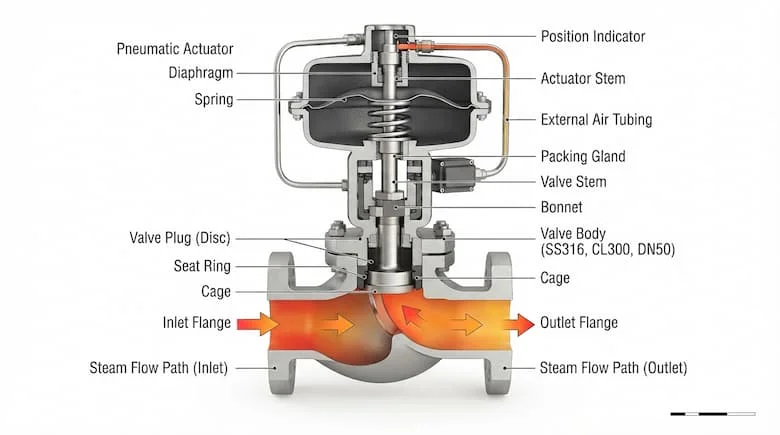 Sơ đồ cắt ngang kỹ thuật của van hơi điều khiển bằng khí nén, thể hiện thân van, bộ truyền động khí nén, trục van, đĩa van, gioăng và đường dẫn dòng hơi, cơ cấu bên trong chi tiết