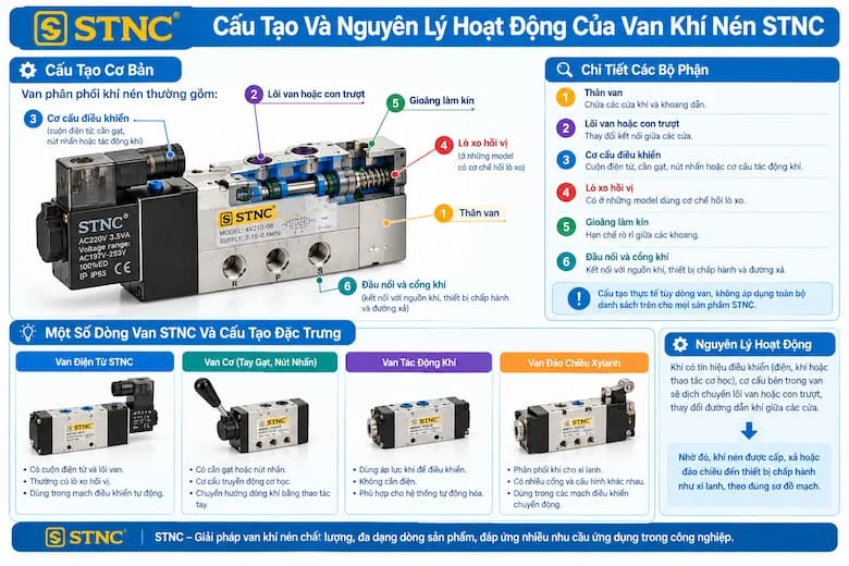 Hình ảnh mô phỏng cấu tạo bên trong van khí nén STNC, làm nổi bật các bộ phận như thân van, lõi van hoặc con trượt, cơ cấu điều khiển, lò xo hồi vị, gioăng làm kín và các cổng kết nối khí.