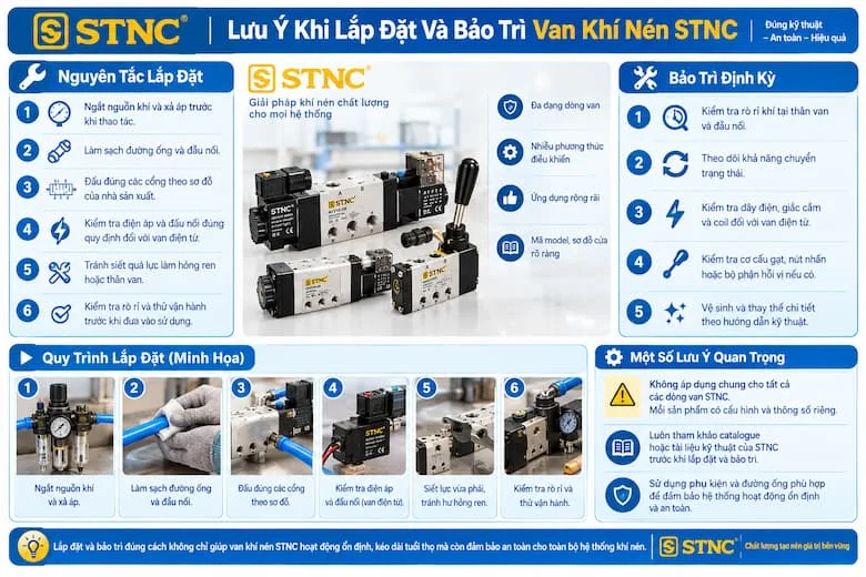 Hình ảnh minh họa quy trình lắp đặt và bảo dưỡng van khí nén STNC, từ bước ngắt nguồn khí, xả áp, vệ sinh đường ống, đấu nối đúng sơ đồ đến kiểm tra điện áp đối với van điện từ và thử nghiệm rò rỉ sau khi lắp đặt