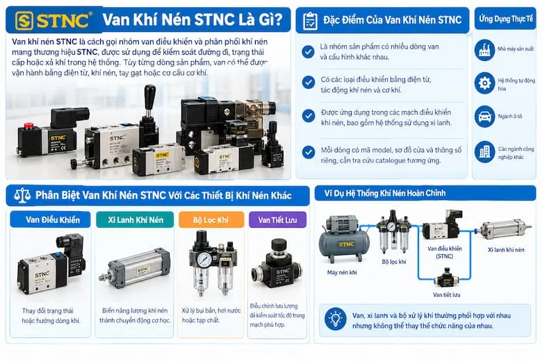 Hình ảnh giới thiệu các dòng van khí nén STNC với nhiều kiểu dáng, cấu hình và phương thức điều khiển khác nhau, từ van điện từ, van tay gạt đến van cơ khí. Qua đó, giúp người đọc nhận biết thiết bị, phân biệt chức năng