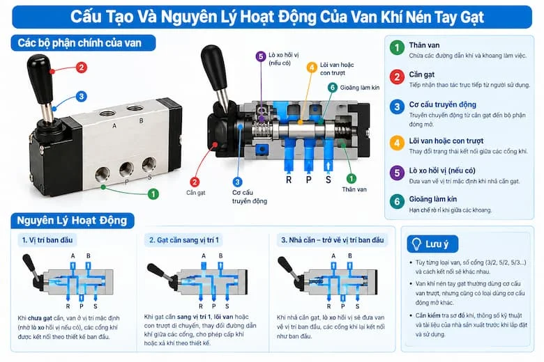 Hình ảnh mô phỏng thân van, cần gạt, cơ cấu truyền động, lõi van hoặc con trượt, gioăng làm kín và lò xo hồi vị (nếu có), đồng thời minh họa sự thay đổi đường dẫn khí