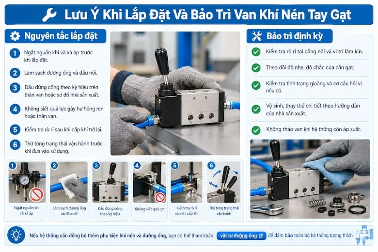 Hình ảnh minh họa các bước ngắt nguồn khí và xả áp, vệ sinh đường ống, đấu nối đúng cổng, kiểm tra rò rỉ và thử trạng thái vận hành