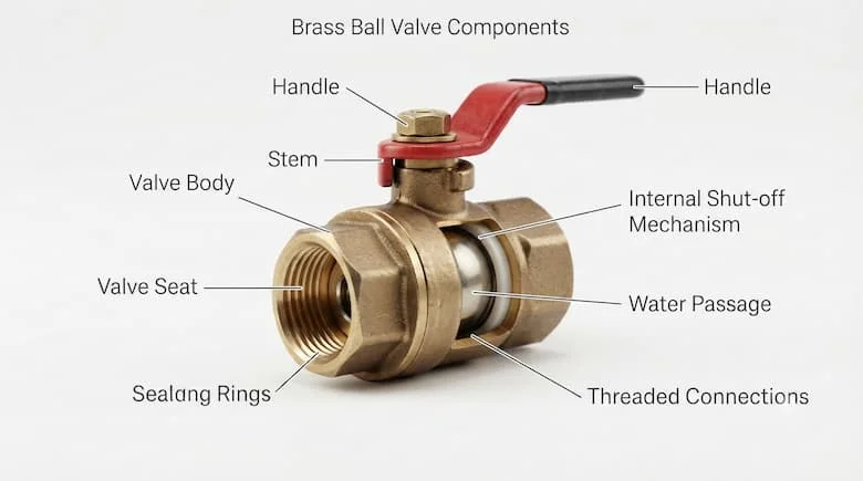 các nhãn kỹ thuật chuyên nghiệp, rõ ràng để xác định thân van, tay cầm, trục van, đế van, vòng đệm, cơ cấu đóng ngắt bên trong, đường dẫn nước và các mối nối ren