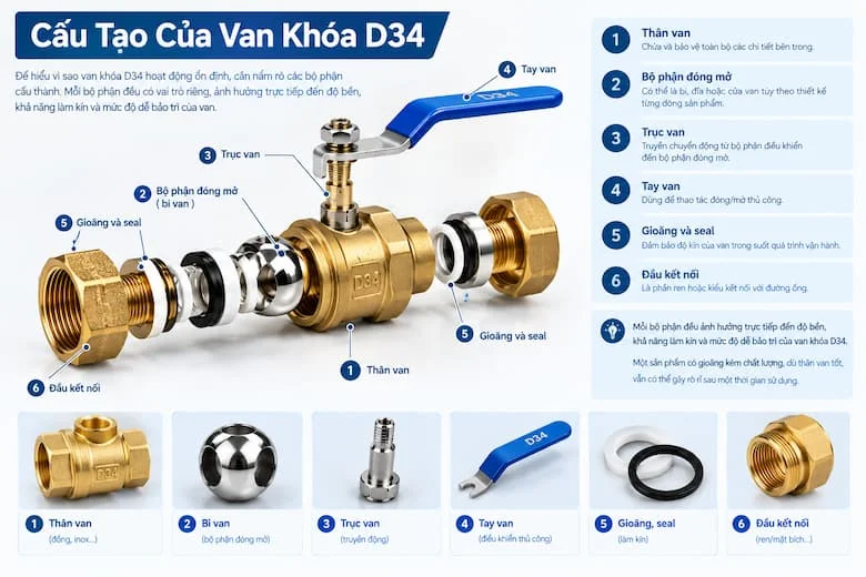 Minh họa thân van, bi van, trục van, tay van, gioăng seal và đầu kết nối.