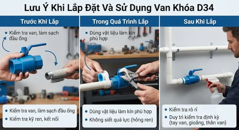 Minh họa kiểm tra van, làm sạch đường ống, lắp đặt, kiểm tra rò rỉ và bảo dưỡng định kỳ.