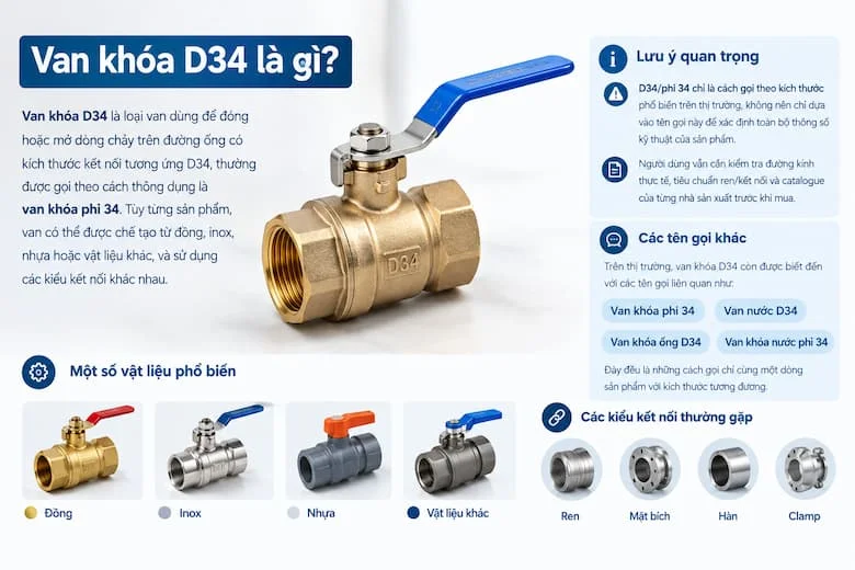 Minh họa tổng quan sản phẩm, kích thước D34 và các tên gọi phổ biến.