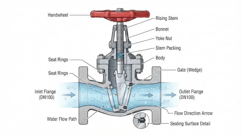 Sơ đồ mặt cắt của van khóa nước DN100, thể hiện thân van, trục van, tay quay, các bộ phận làm kín và dòng chảy của nước