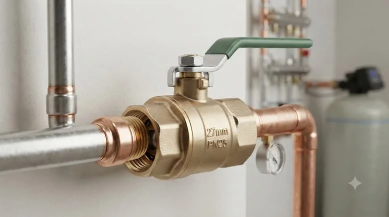 Van khóa nước 27mm thực tế được lắp đặt trên đường ống nước gia đình, kết nối ren, tay gạt, hệ thống đường ống sạch sẽ, hình ảnh chân thực, ánh sáng chuyên nghiệp